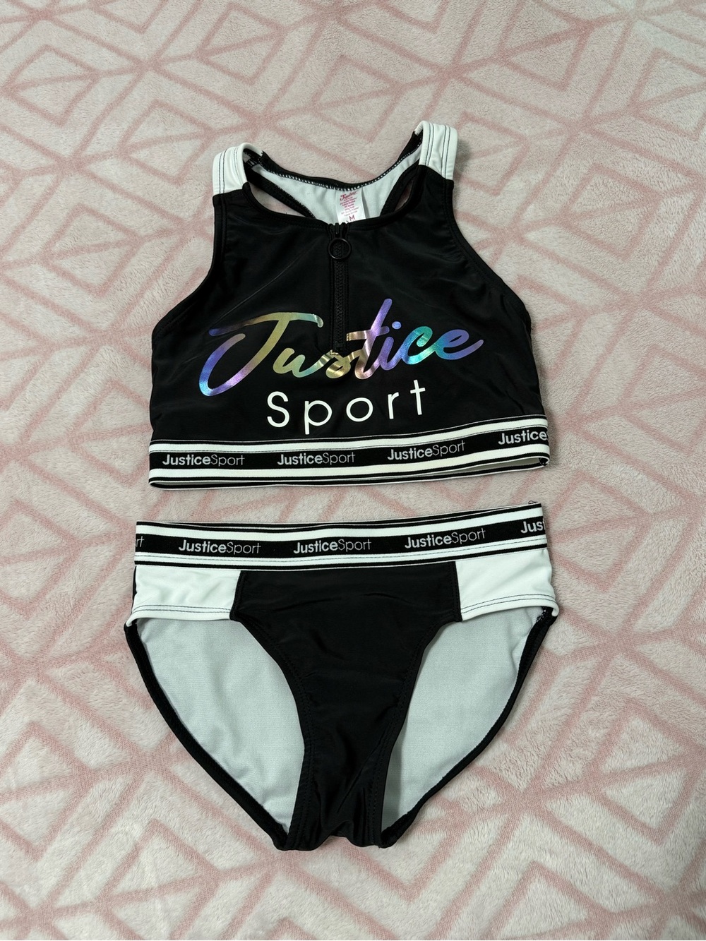 Girls sz 10 Justice Sport Black & White Zip-Front Athletic Swimsuit bikini
